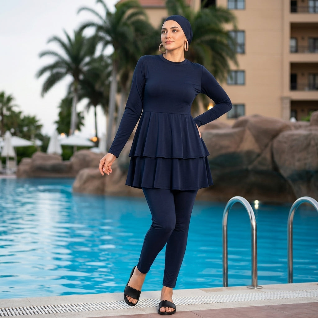 Maillot de Bain Modeste Femme avec Jupe à Volants et Legging Intégré