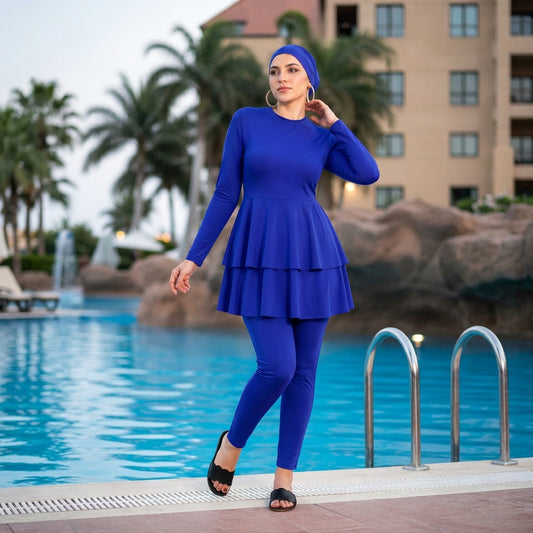 مايوه سباحة نسائي محتشم مع تنورة بكشكشة وليجنز مدمج